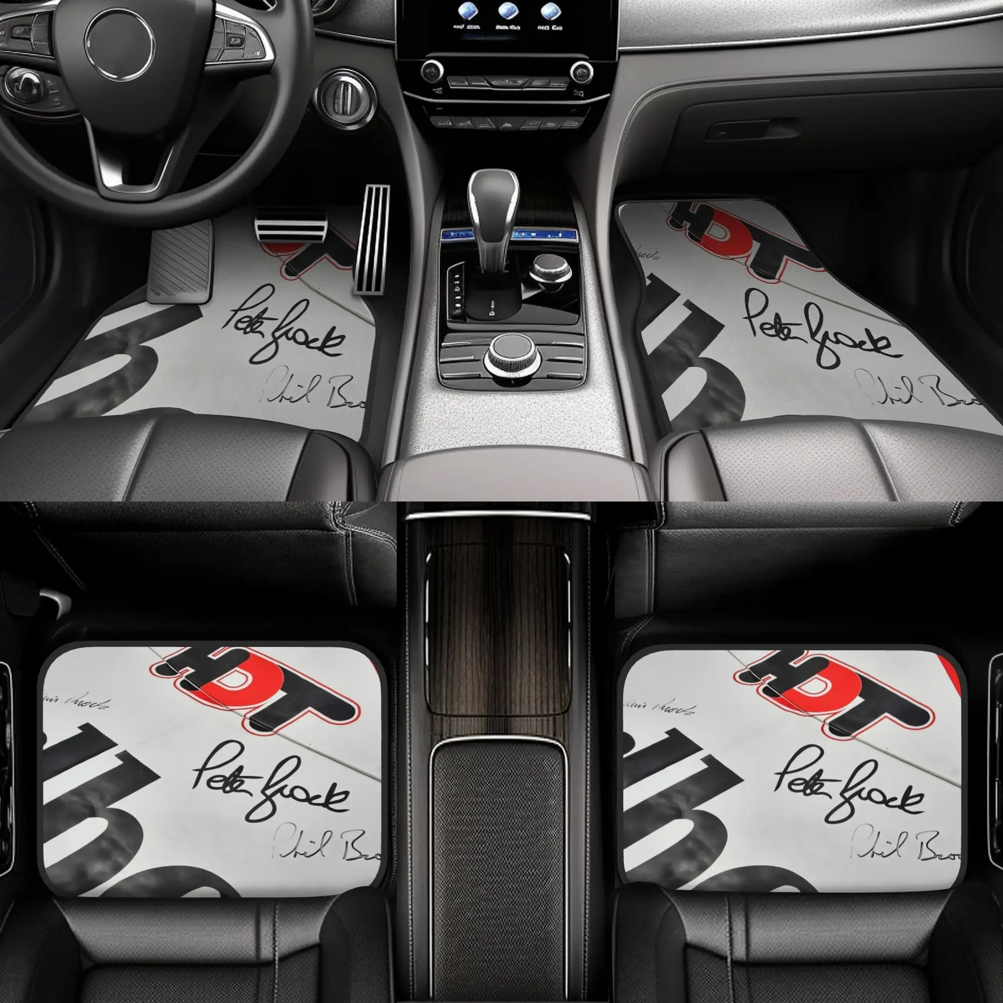 A Collection Of Four Floor Mats Honoring Peter Brock, Designed For Vehicles, Showcasing A Playful Pattern With A Red And White E