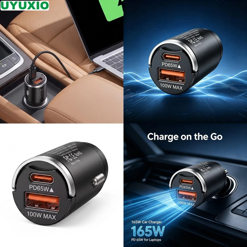 165W High Power Car Charger with 65W USB C and 100W USB A Outputs Durable Zinc Alloy Mini Body for Mobile Devices and Laptops