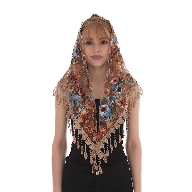 Muslim Head Wrap Lace Tassel Triangle Scarf Women Flower Shawl Elegant Breathable Outdoor Accessories 50*150cm