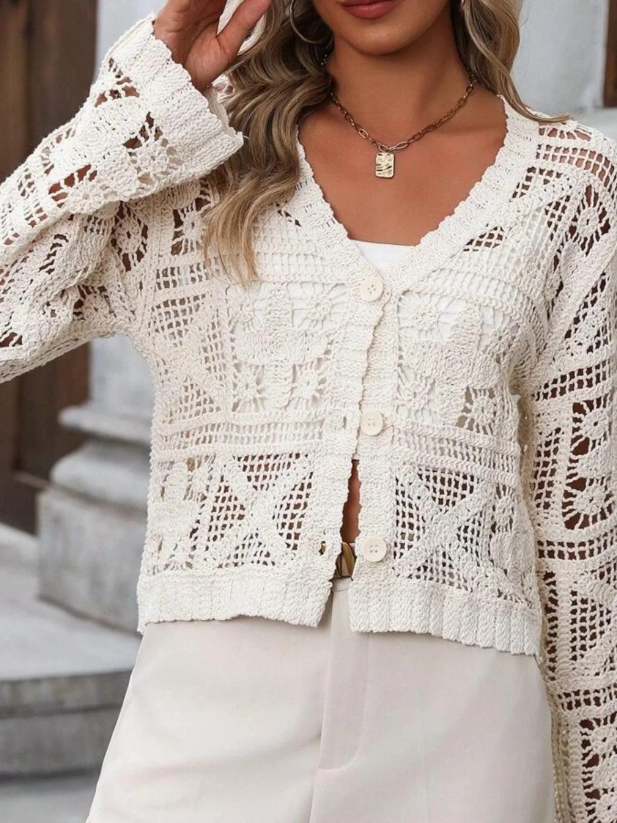 Sweet Style V-Neck Long Sleeve Hollow out Knitted Air Conditioning Cardigan Beach Sun Protection Clothing for Small Figures