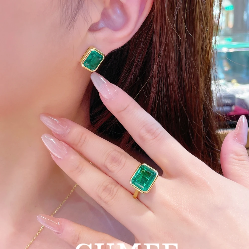 CUMEE Versatile and Personalized, Cultivated Synthetic Emerald Jewelry Rings, 925 Silver Yellow Gold-plated