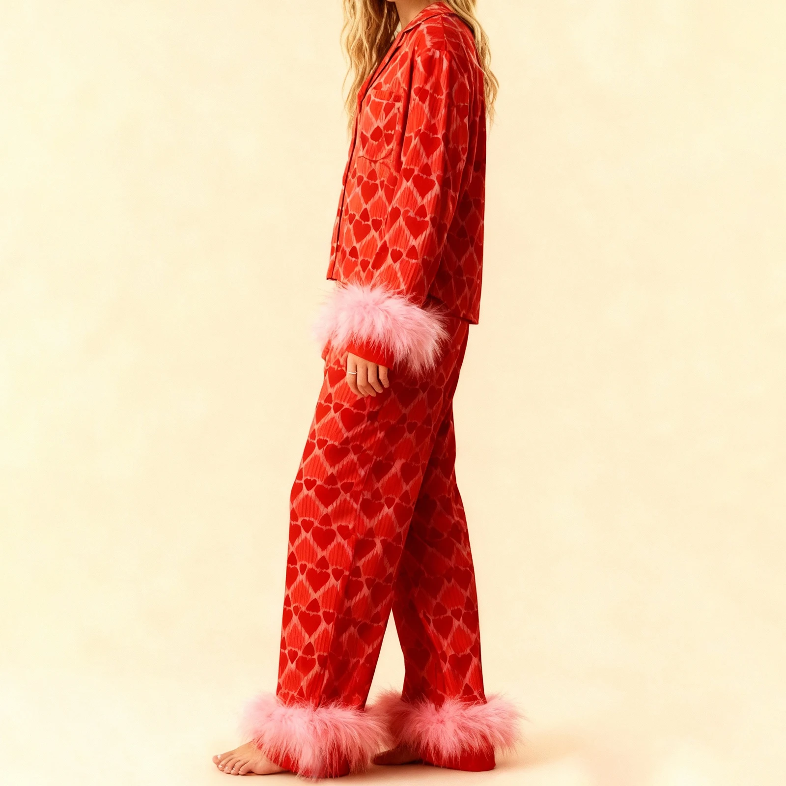 

Women s Valentine s Satin Pajama Set with Lace Trim Long Sleeve Lapel Heart Print Shirt and Pants Feather Cuffs Sleepwear Set