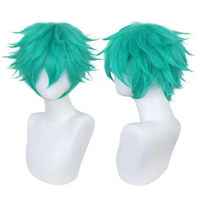 Sintetis Universal Wig Cosplay pendek perak merah muda pirang rumput hijau hitam lurus Wig pria untuk Halloween Cosplay