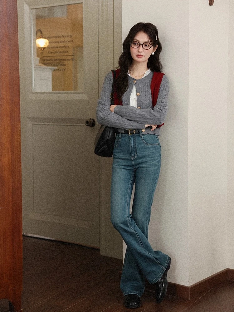 

ALXNAN Women's Jeans Vintage Blue High-waist Cotton Flared Jeans Autumn New Casual Office Lady Slim-fit Long Pants Female L56983