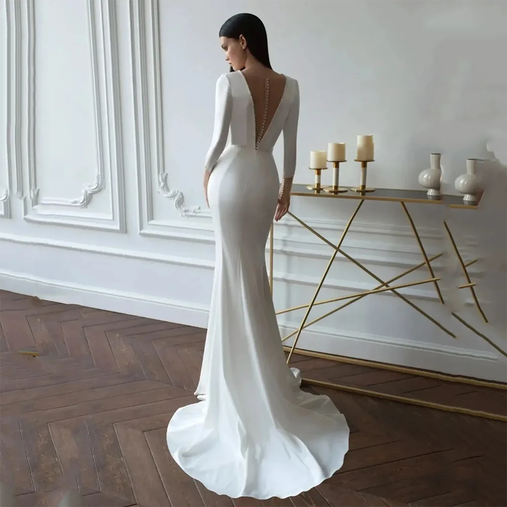 Women's Deep V-neck Full Sleeves Satin A-line Sweep Train Wedding Dresses Customzied Simple Back Zipper with Pearls Bridal Gown