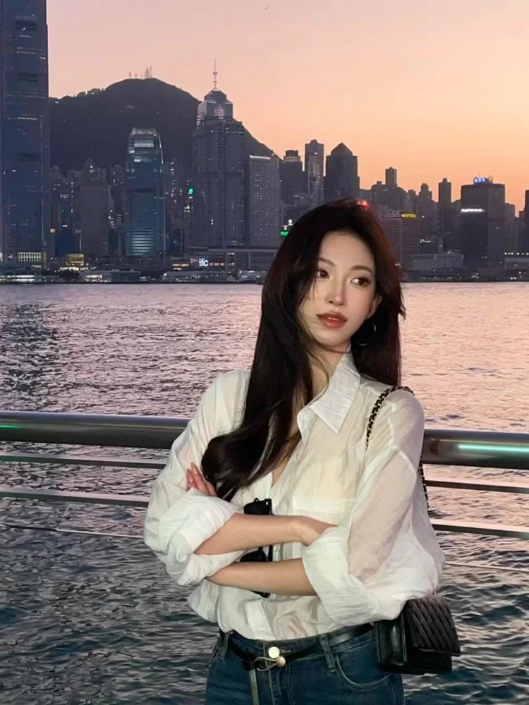 Blusa feminina coreano topos 2025 ropa mujer proteção solar elegante novas blusas turn down collar manga longa mulher chique branco blusas