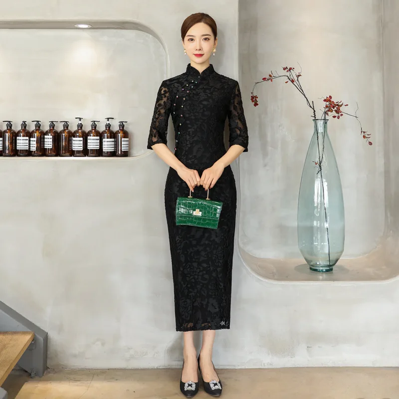 Cheongsam Elegant Retro Long Slim-Fit Dress High Slit Ruffle Lace Costume Mom