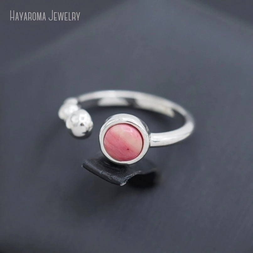 10Pcs Semi-precious Stone Rhodonite Wholesale Silver Color Round Coin Shape Circle Ring RM51210