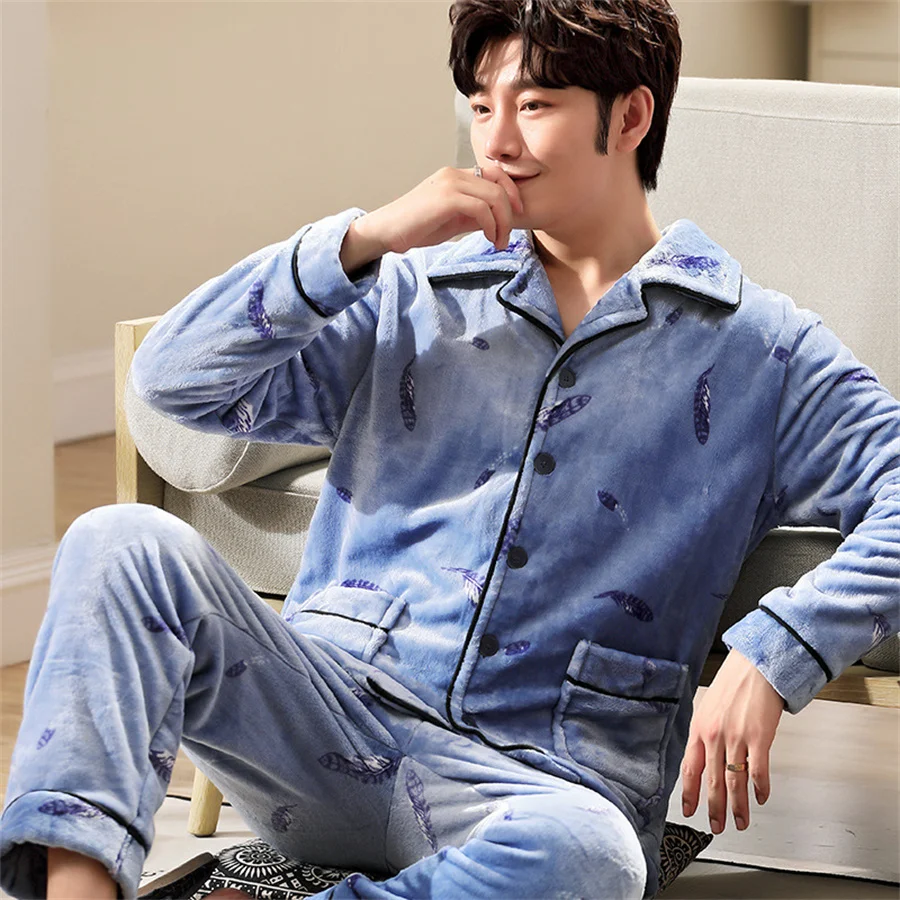 2024 Winter Men\'s Thicken Warm Coral Fleece Pajamas Set Soft Casual Sleepwear Long Pants Men Nightwear Male Home Clothes