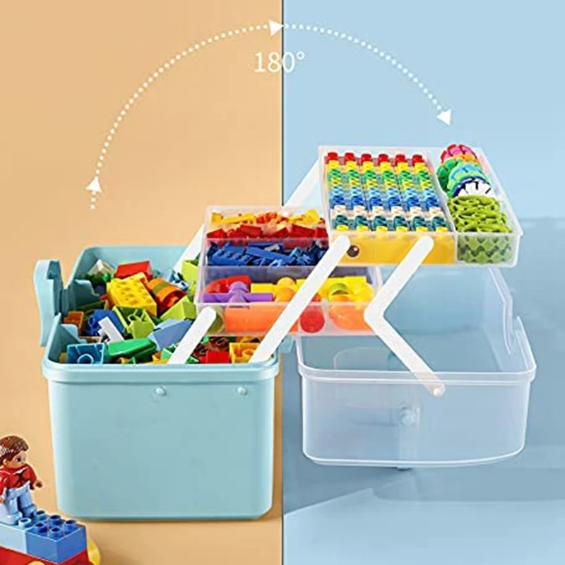 Plastic Storage Box With 3-Tier Fold Tray,Tool Organizer,Portable Lockable Container