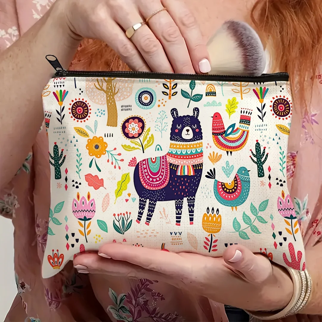 1pc Whimsical Animal Print Makeup Bag - Large Capacity Travel Cosmetic Organizer with Zipper Closure, Cute Llama & Designs