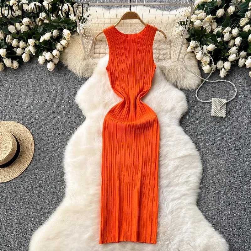 OCEANLOVE Vestidos Largos Knitted Spring Summer Solid Candy Color Women Dresses Vintage Hot Sexy Sleeveless Bodycon Long Dress