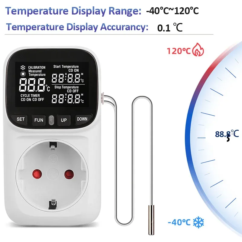 Cyfrowy wyświetlacz LCD Termostat Regulator temperatury Gniazdo 16A Wtyczka UE/USA/UK Precyzyjne gniazdo z czujnikiem czasowym