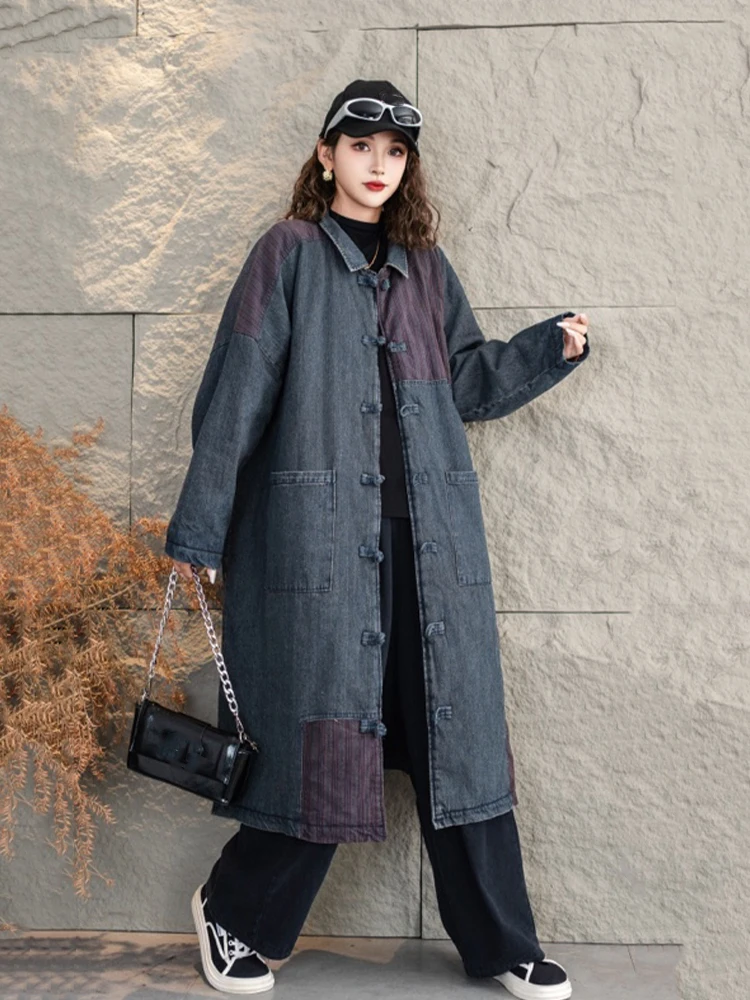 Amax lulue chinês inverno longo parkas das mulheres do vintage moda solta denim acolchoado jaquetas senhoras clássico casual engrossar casacos quentes