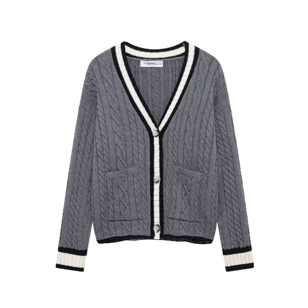 Damska kurtka z dekoltem w serek, dzianina w warkocze, hurt, styl europejsko-amerykański, ozdoba z materiału tulle, nowość na wiosnę