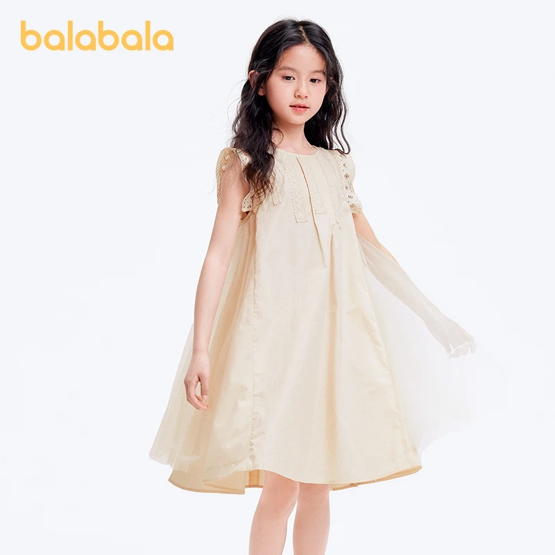 Balabala Dress Girls Sleeveless Dress 2024 Summer New Collection Sweet Mesh Patchwork Cotton Lace Dress Trendy