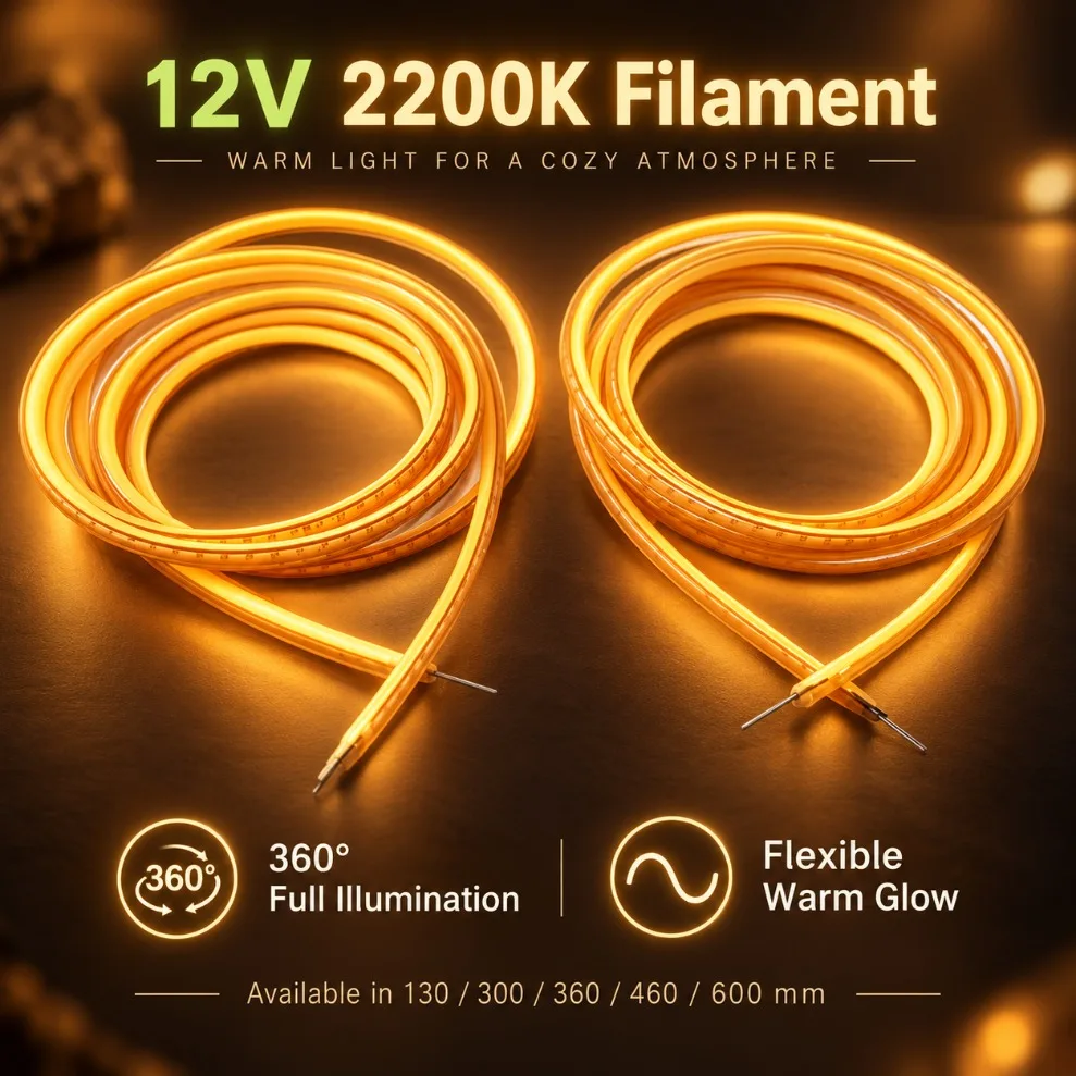DC12V Flexible LED Filament Diodes 130‑600mm Multi‑Size 2200K High‑Quality Replacement Parts for DIY Edison Bulb Decor Lighting