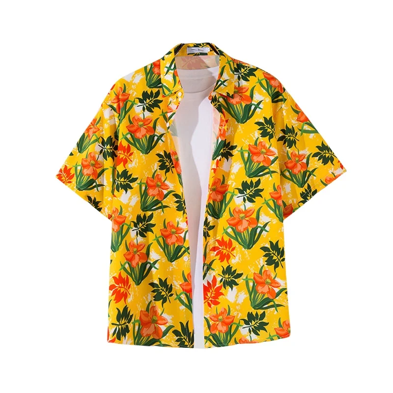 Men's Summer Seaside Vacation Short Sleeve Flower Shirt Handsome Hawaiian Travel Retro Loose Casual Beach Floral Shirt Coat