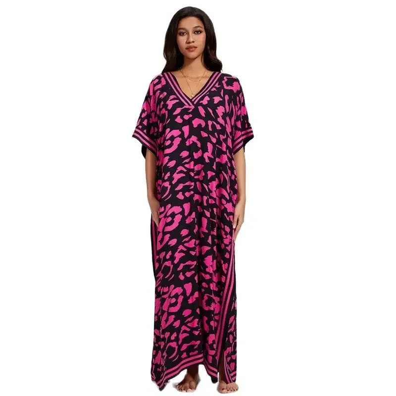 Women Rose Red Print Smock Summer Split Hem Coverall Female Loose Bikini Cover-ups Deep V Neck Pullover Short Sleeves Long Robe