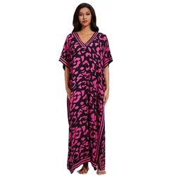 Donne Rose Red Print grembiule estate Split Hem tuta femminile allentato Bikini Cover-up profondo scollo a V Pullover maniche corte abito lungo