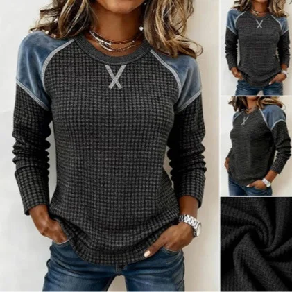 

Women Vintage Sweatshirt Black Waffle Knit Sweatshirt Crew Neck Long Sleeve Sweatshirt Casual Oversized Loose Stylish Pullover