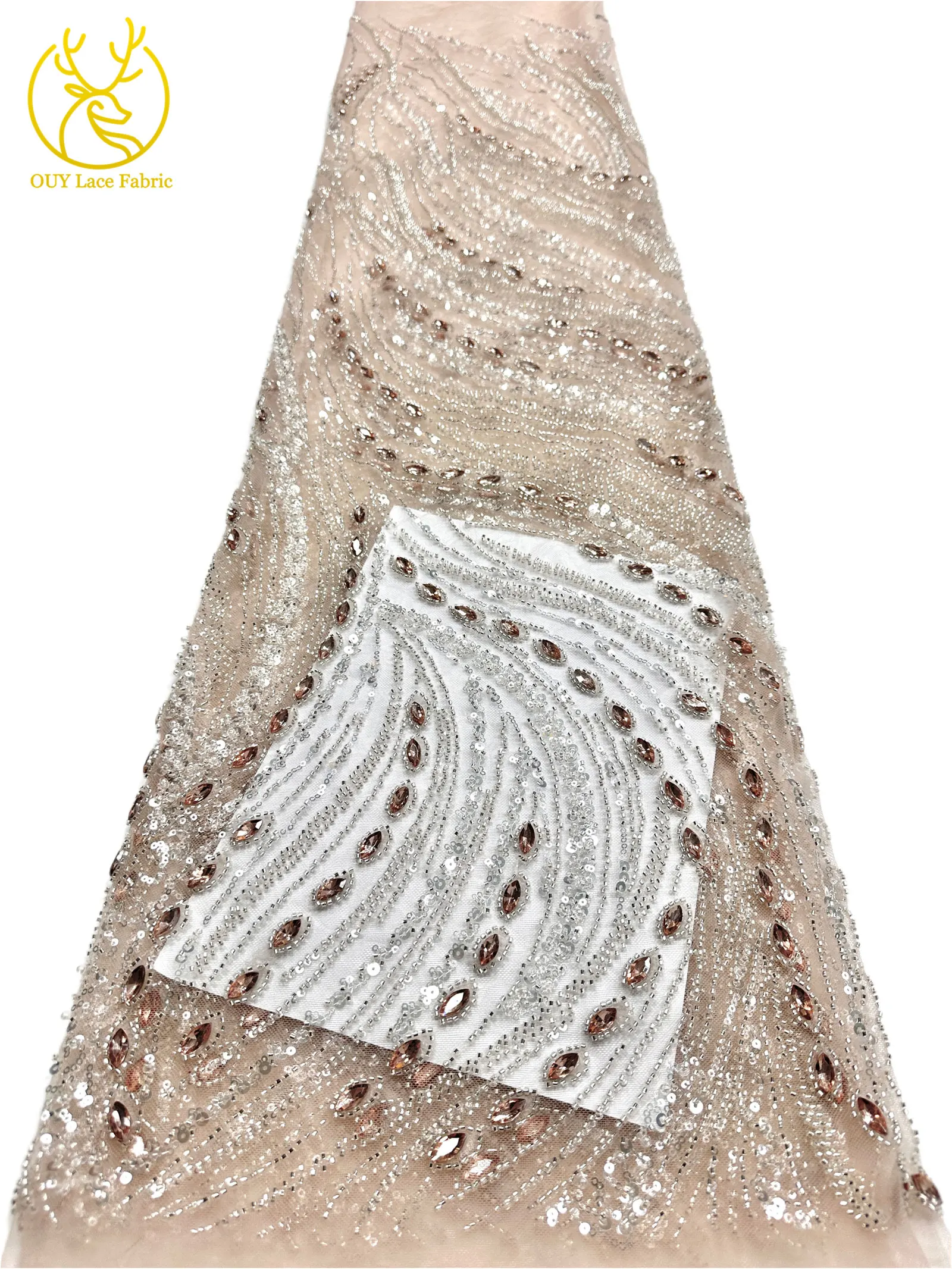 Marineblauer, hochwertiger, luxuriöser, österreichischer Diamant-Perlen-Spitzenstoff im neuen Stil 2026, afrikanischer Pailletten-Spitzenstoff für Brautkleider und Hochzeitsfeiern. – Detail 22