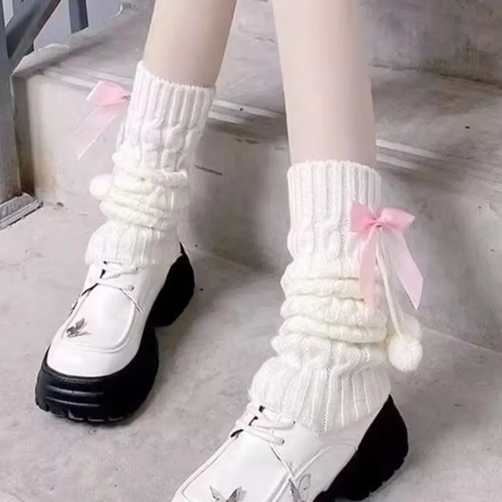 Preppy Style Knitted Leg Warmers Winter Slouchy Pom-pom Japanese Style Warm Lolita JK Bowknot Socks Slimming Thermal Leg Covers