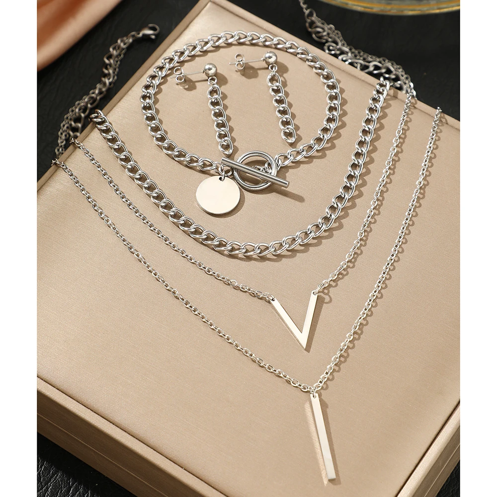 Stainless Steel Jewelry Set Fashion Hanging Bracelet Chain Earrings Cascading Chain Necklace Jewelry Set For Women Jewelry Gift