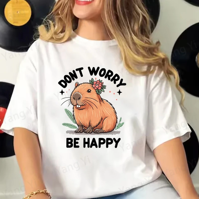 Funny Cartoon Dolphin Print T-Shirt Men Women Loose Short Sleeve Round Neck Top Dont Worry Be Happy Letter Pattern Cotton Tees
