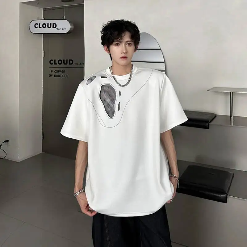 Men's Mesh Edgy Cutout T Shirt Irregular Hollow Out Oversized Fit Short Sleeve Streetwear Casual Loose Pullover Tee ESRM