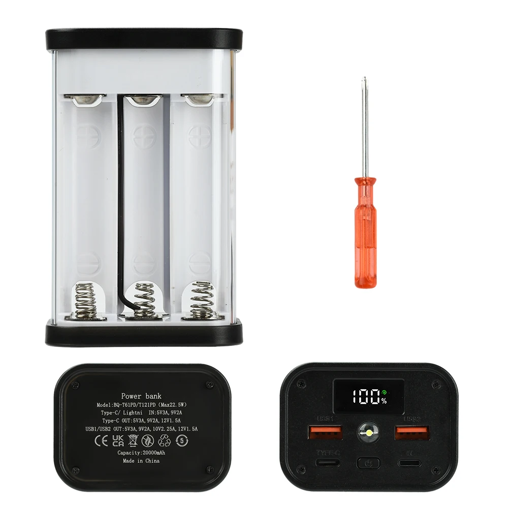 22.5W Fully Transparent Power Bank Case 6/12-Cell 18650 Battery Holder PD Power Bank Material Kit Type C Dual USB