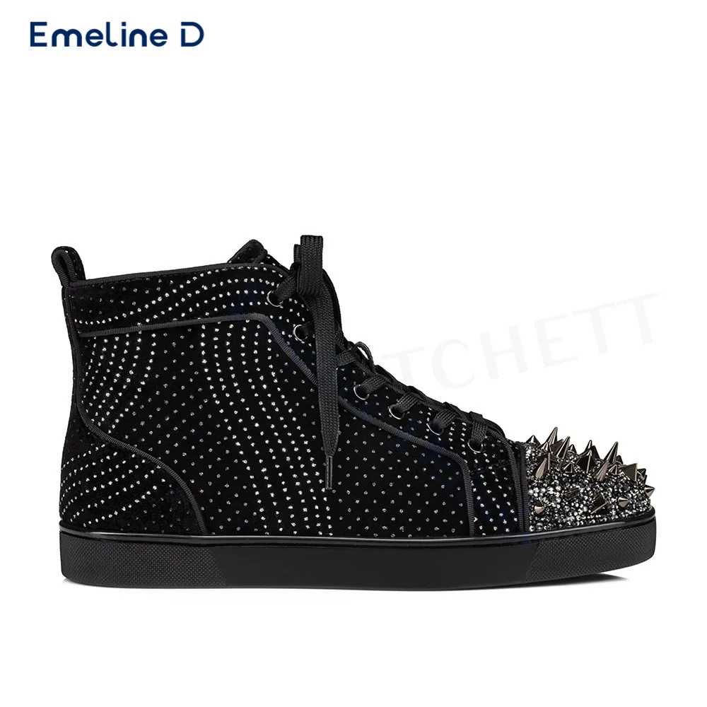 

Crystal Studded Round Toe Casual Shoes Rhinestones Black Lace-Up Slip-On Ankle Sneakers Fashion Designer Personalized Men's Shoe