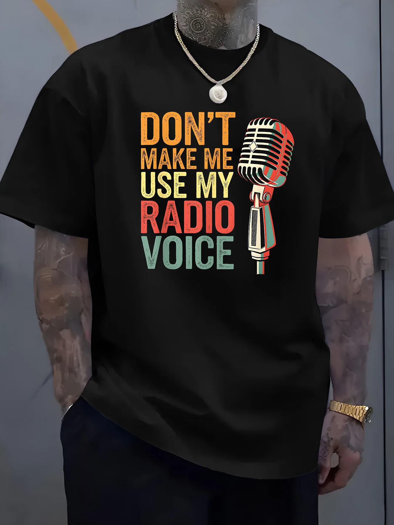 Male Black Round Neck T Shirt Distressed Multicolor Letter Quote Classic Mic Print Radio Host Announcer Light Cotton Tees