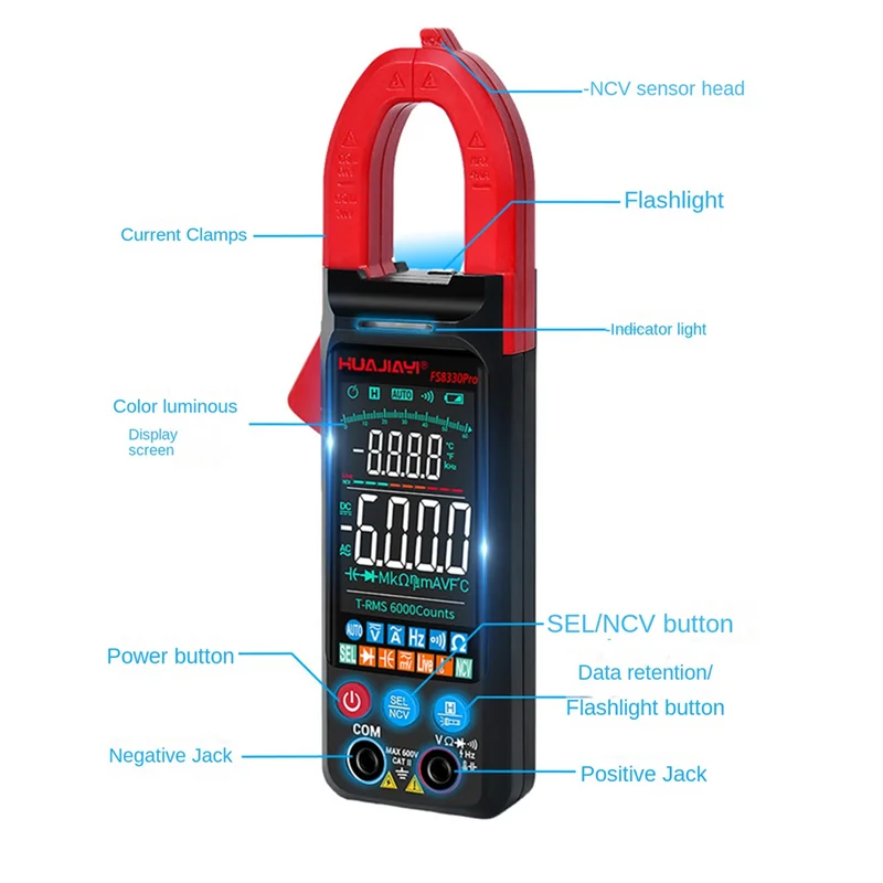 FS8330Pro Digital Clamp Meter Multimeter AC Ammeter Pliers Amperimetric Tester Capacitance Diode Black+Red