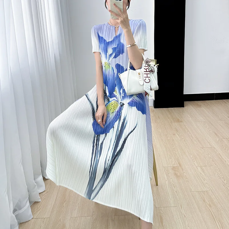 

Pleated Dress Stripe Printed Women's Pullover Round Neck Short Sleeve A-line Mid Length Split Summer New 2024 Loose Relaxed