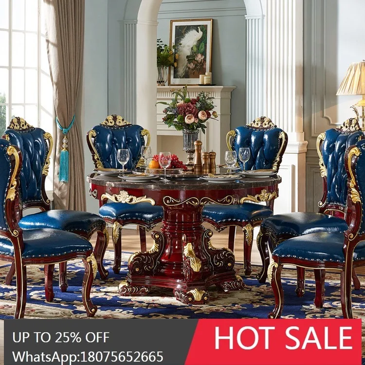 

SGF European-style Marble Dining Table and Chair Set Neoclassical Carved Round Dining Table