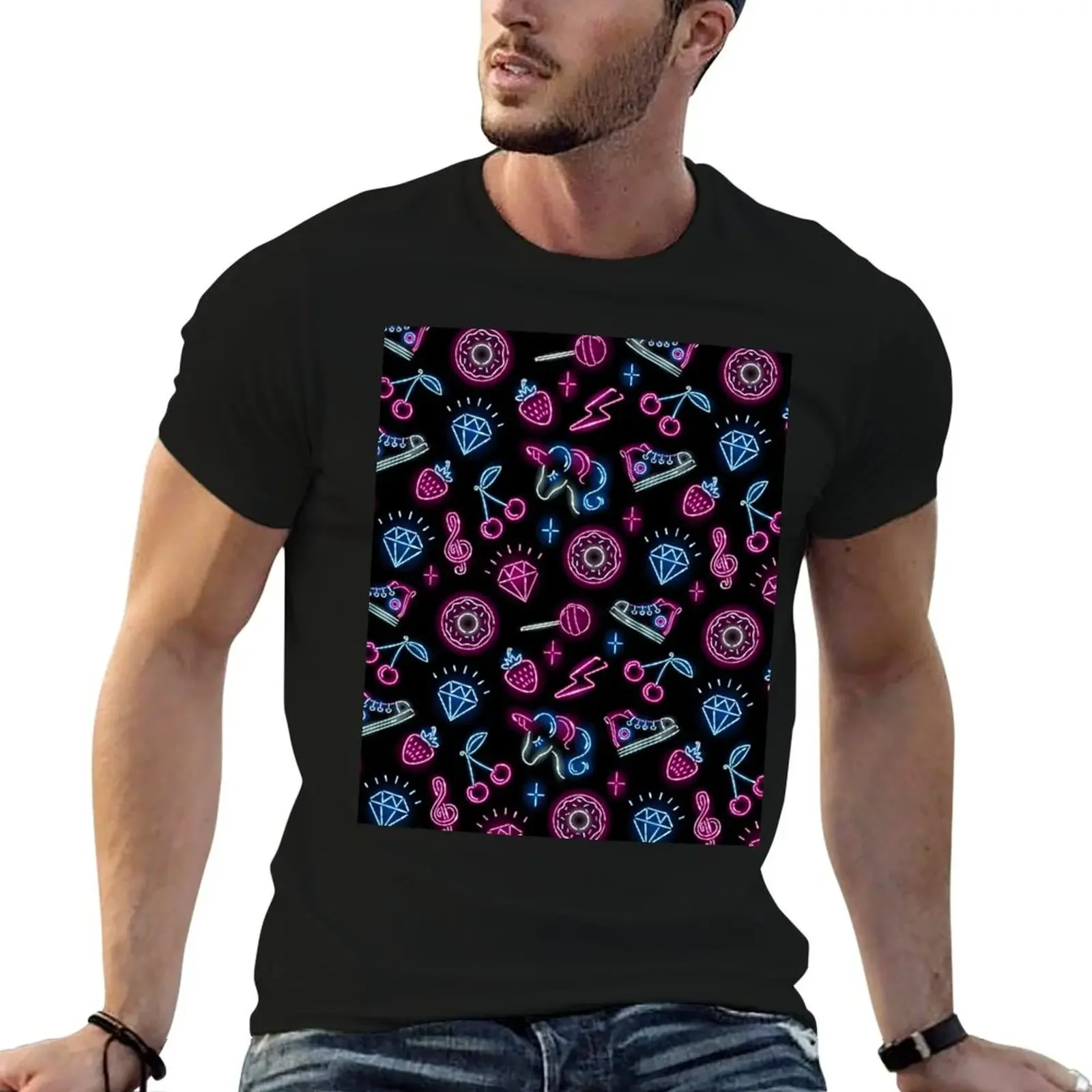 

Donuts Pattern with neon icons of unicorn face, strawberry, diamond, cherry, donut, lollypop, sneaker on black backgroun T-Shirt