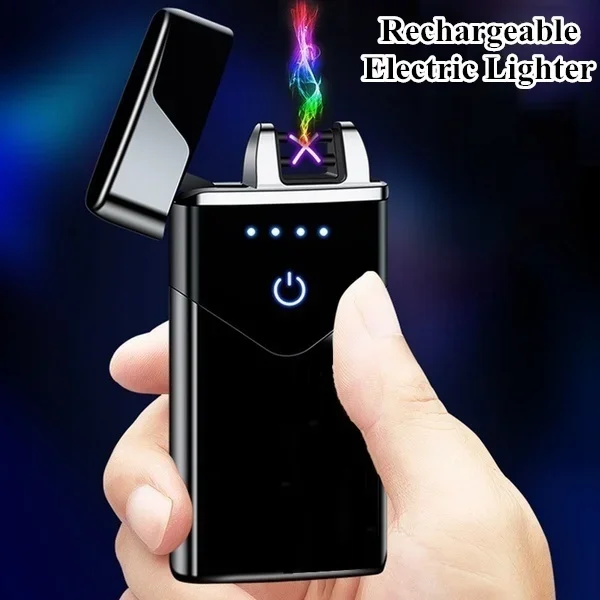 

Ветрозащитная двойная дуговая зажигалка, плазменная беспламенная перезаряжаемая электрическая зажигалка для сигаретной свечи со светодиодным дисплеем мощности