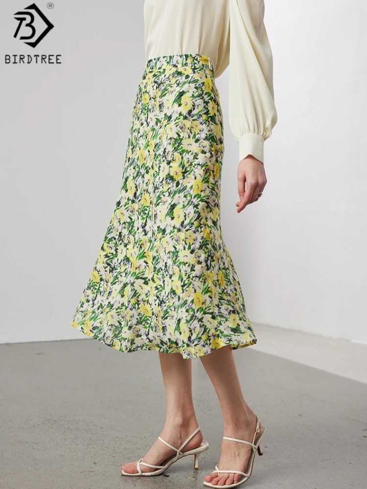 Birdtree,14MM 100% Real Silk Floral Print Skirt,Double-layer,Women's Double Crepe Elegant Casual Skirts,2026 Spring New D61808JF
