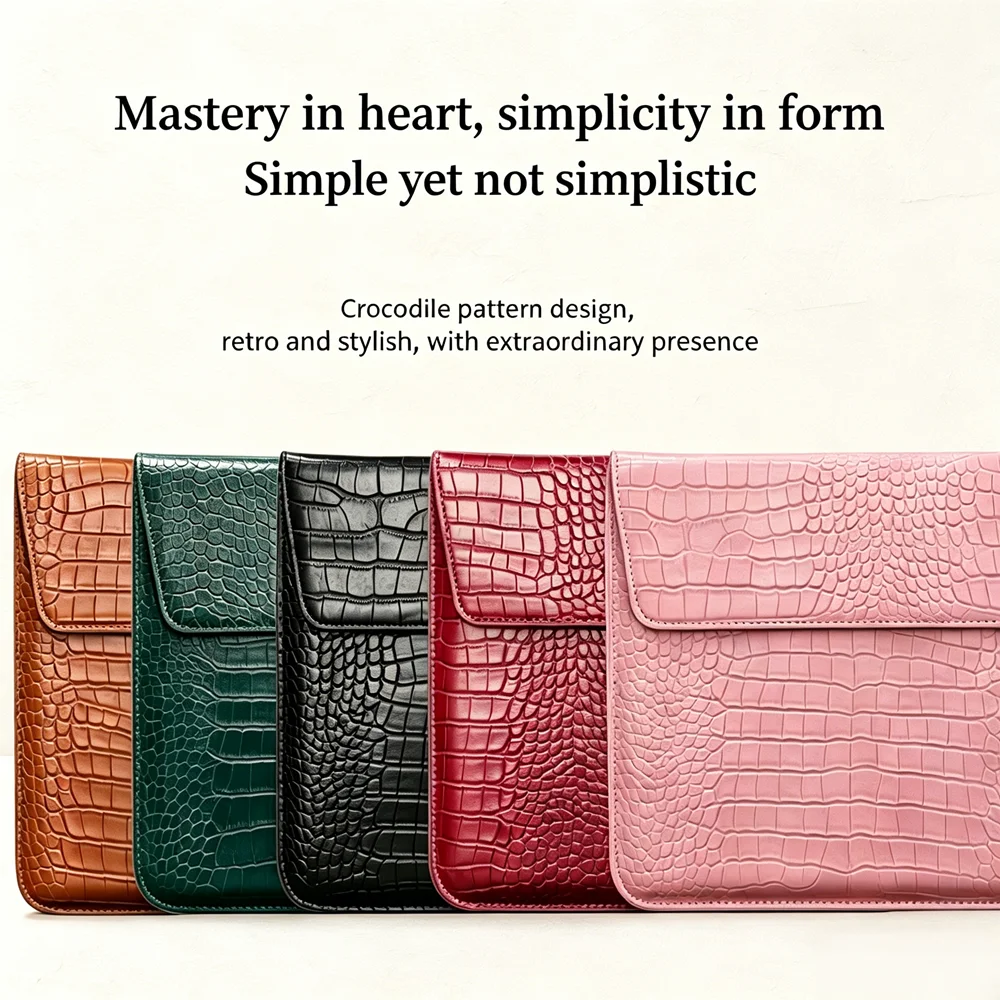 MacBook 11 13 15 Inch Crocodile Leather Laptop Bag, Horizontal Lightweight Sleeve for MacBook Pro Air Lenovo Laptop,brow pink