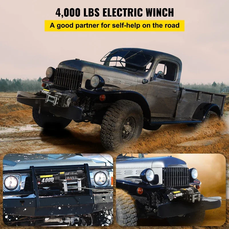 4000LBS 12V Electric Winch for 4X4 10M Strong Steel Cable Car Trailer Rope Towing Strap W/ Wireless Control Truck Off Road