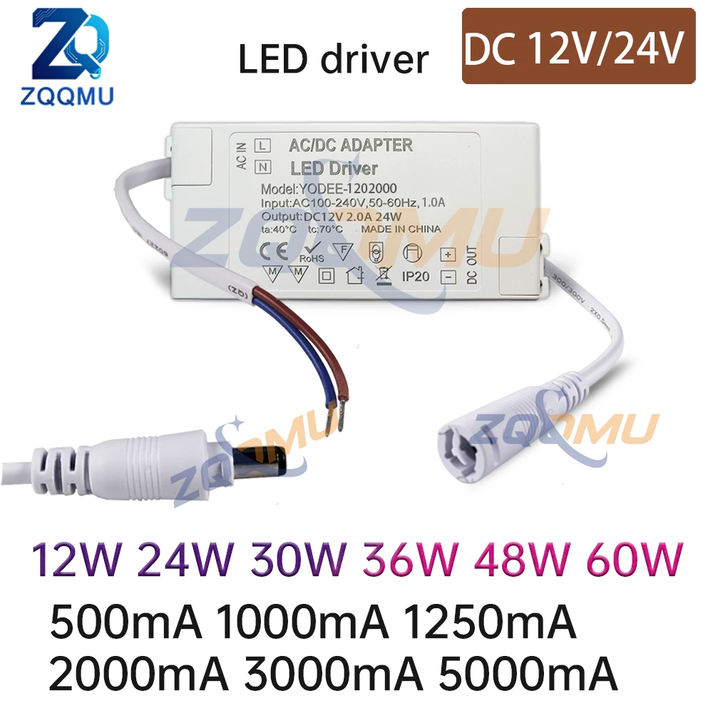 1PCS AC 100-240V LED driver 12W 24W 30W 36W 48W 60W 500mA 1000mA 1250mA 2000mA 3000mA 5000mA LED transformer for ceiling light
