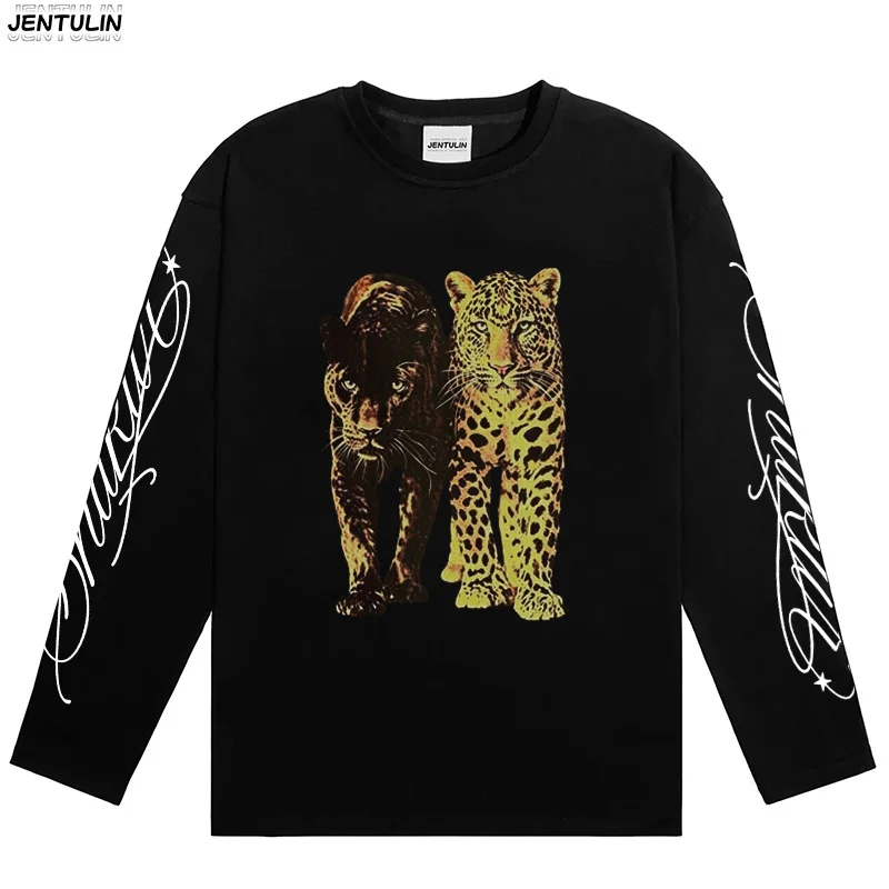 Aesthetic Retro Y2k Leopard Head Print Oversized Tee Street Trendy Double Leopard Pattern Loose Men Short Sleeved T-shirt Unisex