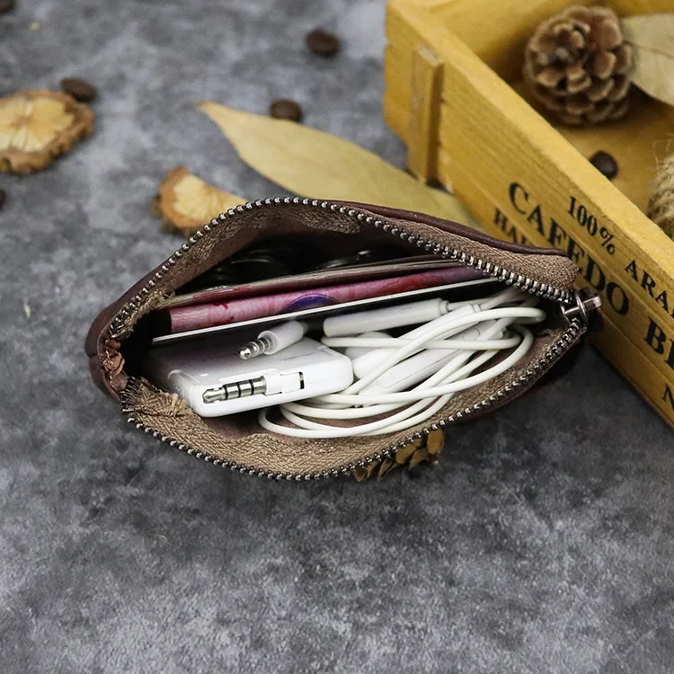 Genuine Leather Vegetable Tanned Leather Hand-painted Retro Style Long Light Texture Mini Change Bag Mini Purse Clutch Bag