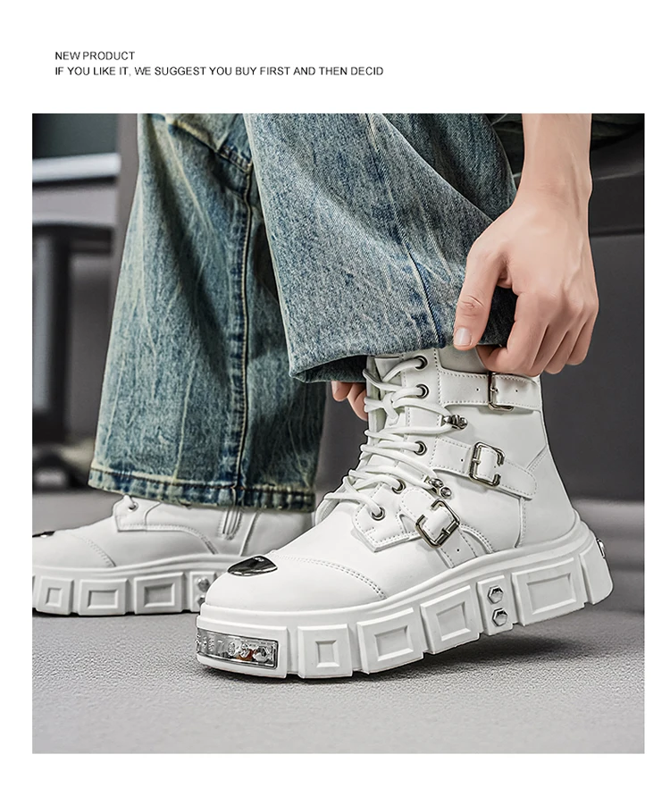 Herren-Streetwear-Stiefel in Uni-Farbe, High-Top, mit Metallschnalle, im Punk-Stil, Motorradstiefel – Detail 11
