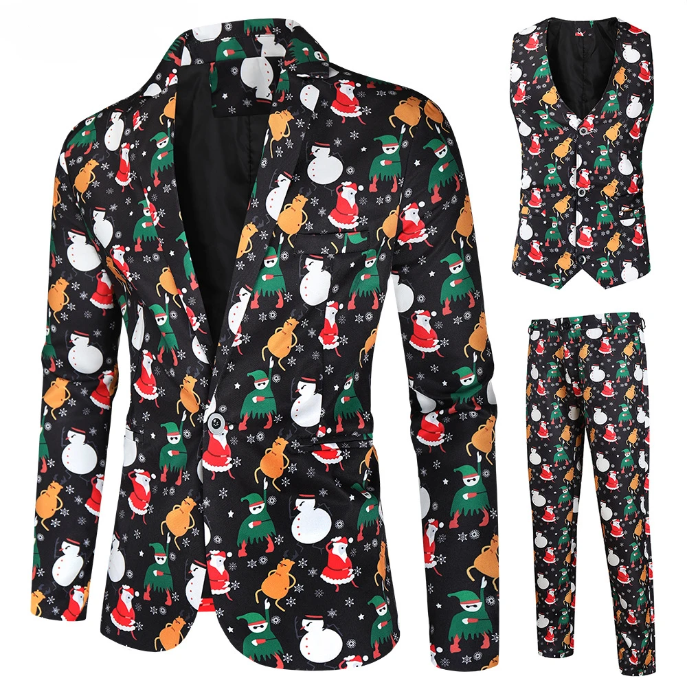 3PCS Christmas Suits for Men  Regular Fit Suit Snowflake Snowman Print Blazer Jacket Pants Vests Men Suit Set