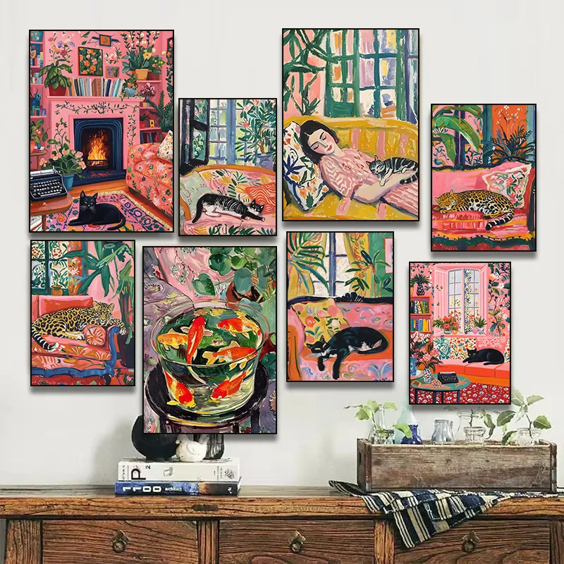 Woman and Cat Henri Matisse Inspired Art Poster Black Cat Leopard Lying Sofa Canvas Painting Print Wall Living Room Home Decor