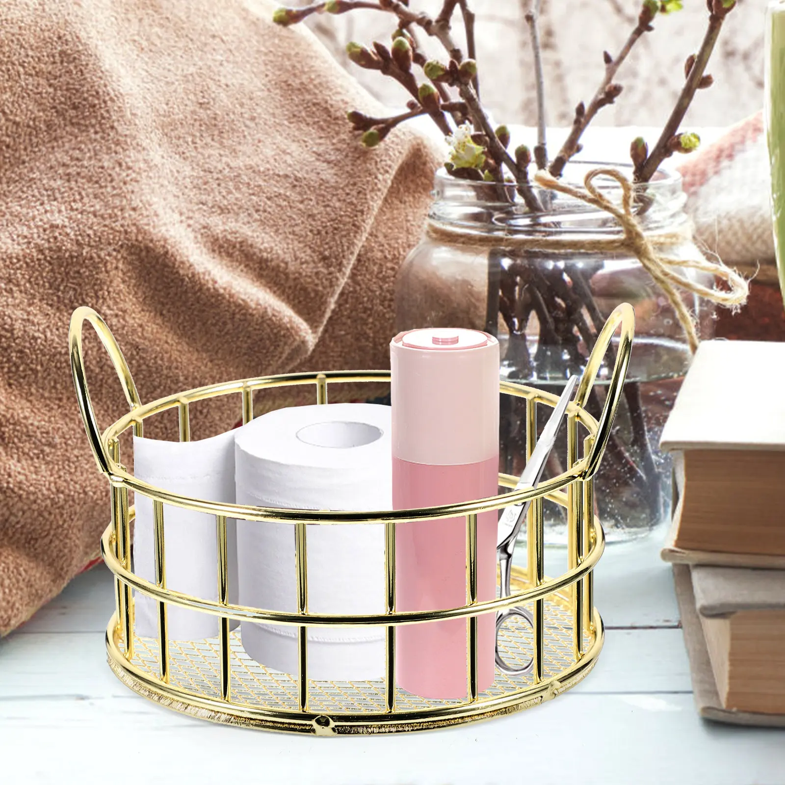 Round Iron Storage Basket with Mesh Design for Fruits Snacks Sundries Desktop Organizer Metal Grid Basket Home Office Kitchen