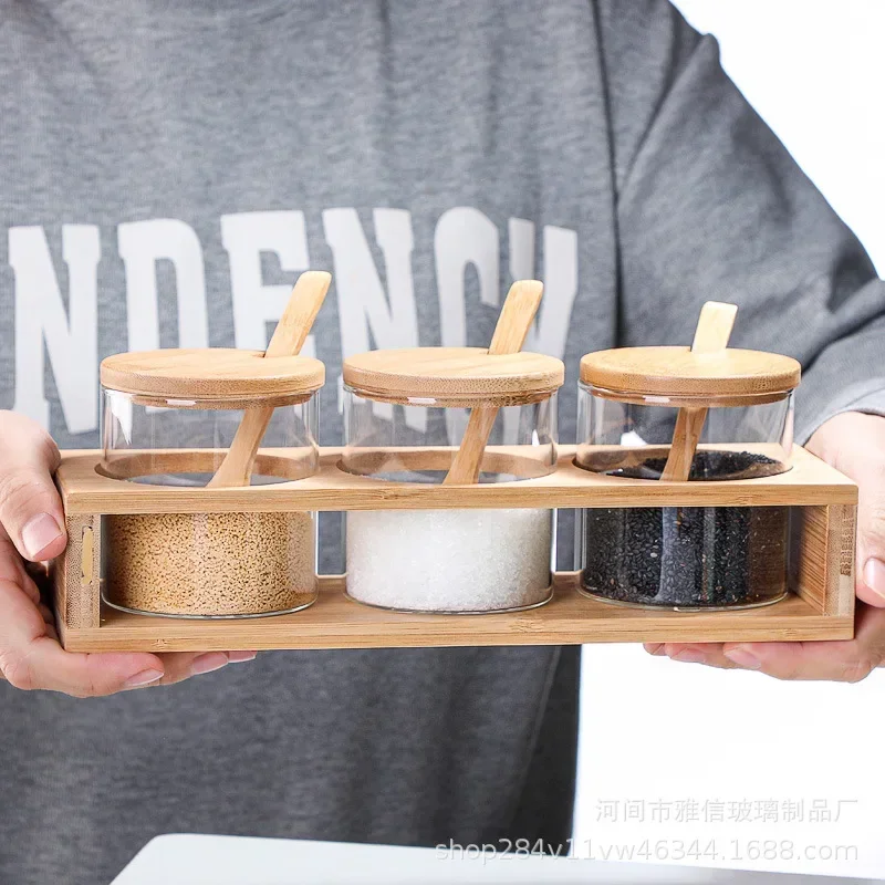 Juego de tarros de condimentos de vidrio transparente Simple con tapa, soporte de madera, salero, botella de pimienta, caja de almacenamiento de Chile, dispensador de alimentos, nuevo