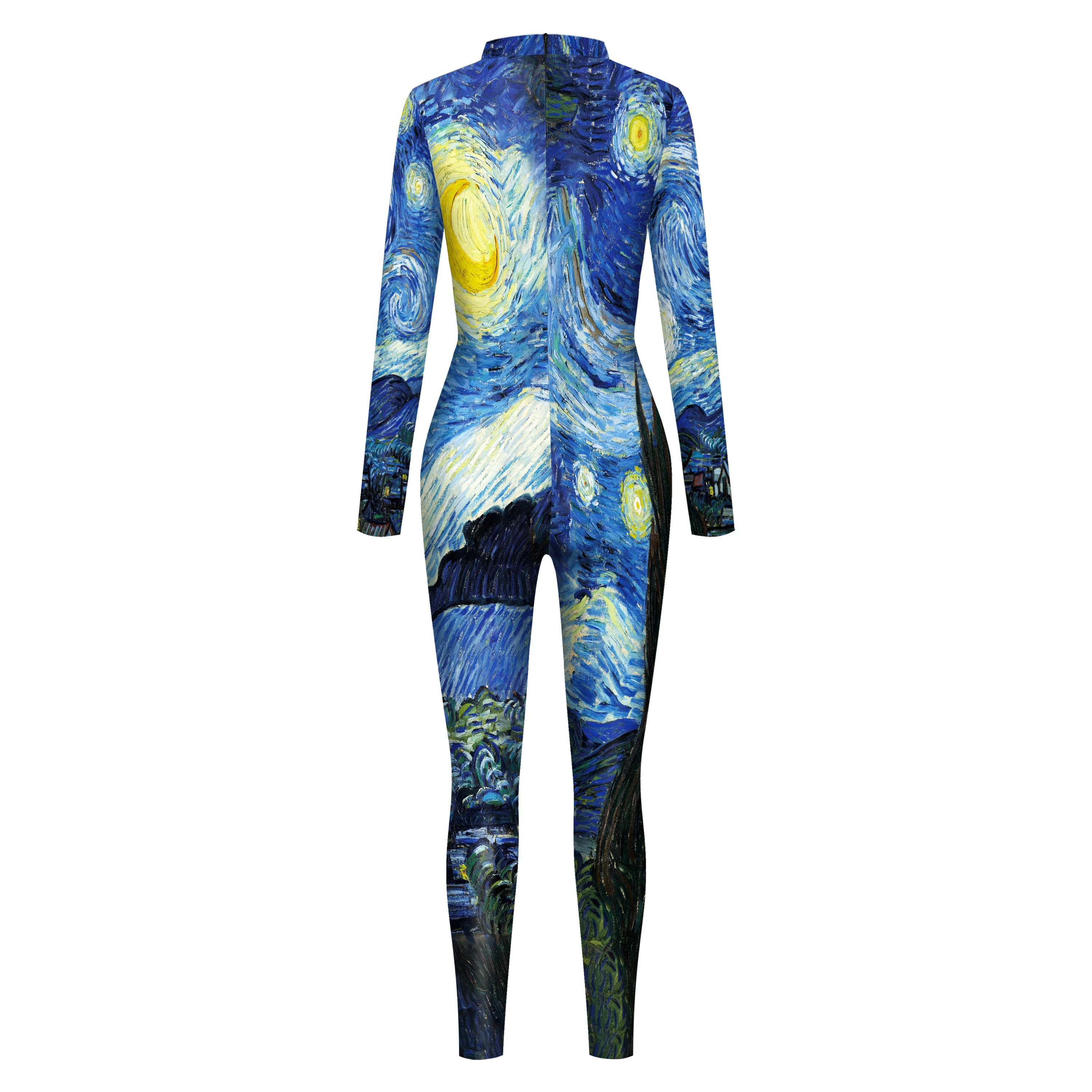 The Starry Night Pattern Jumpsuit Women Spandex Elastic Bodysuit Fancy Halloween Cosplay Costume Outfit Adult Zentai Suit